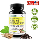 Cápsulas de Ashwagandha KSM-66 4800mg, Suplemento Orgánico de Ashwagandha, Sin Gluten, No Transgénico, Vegano, con Pimienta Negra para Mejor Absorción, Alivio del Estrés, Energía y Apoyo al Sueño - 90 Cápsulas