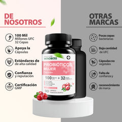 Cápsulas Probióticas Windboss Women's Private Care - 32 Cepas - Con Extracto de Arándano, Prebióticos Orgánicos y Vitamina C- 90 Cápsulas