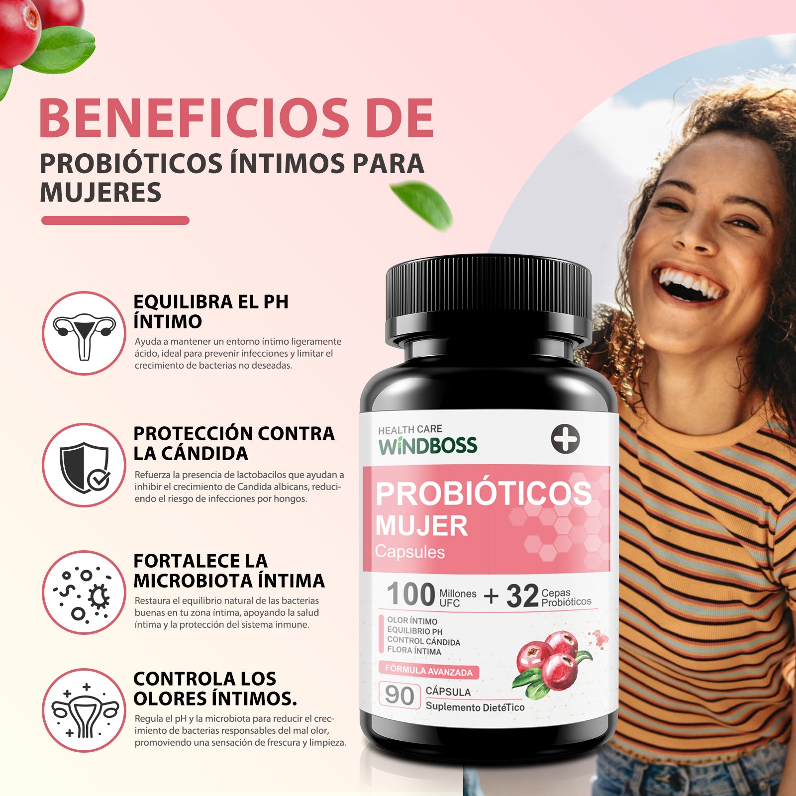 Cápsulas Probióticas Windboss Women's Private Care - 32 Cepas - Con Extracto de Arándano, Prebióticos Orgánicos y Vitamina C- 90 Cápsulas