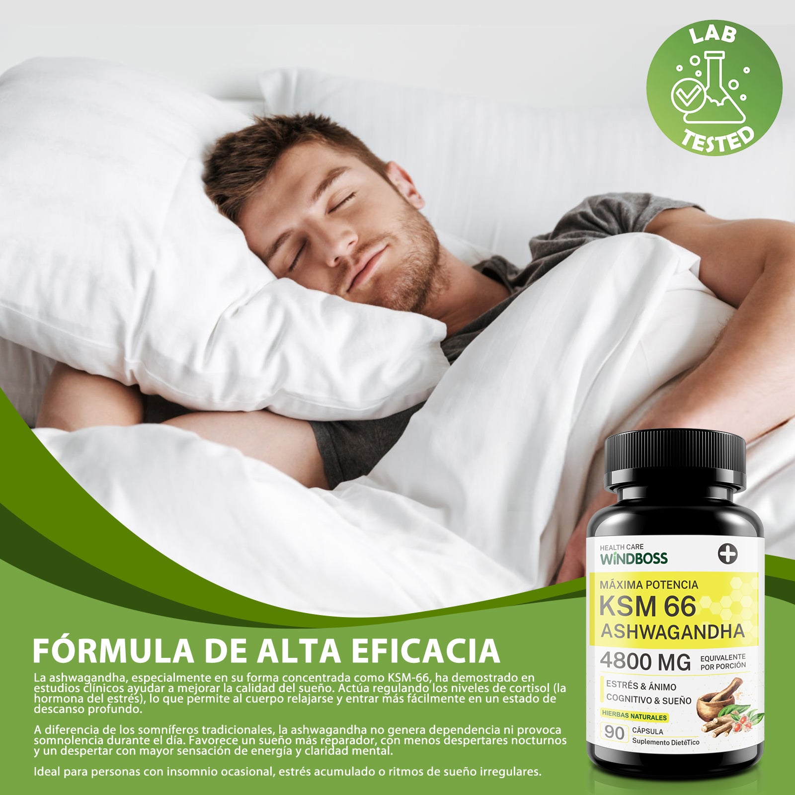 Cápsulas de Ashwagandha KSM-66 4800mg, Suplemento Orgánico de Ashwagandha, Sin Gluten, No Transgénico, Vegano, con Pimienta Negra para Mejor Absorción, Alivio del Estrés, Energía y Apoyo al Sueño - 90 Cápsulas